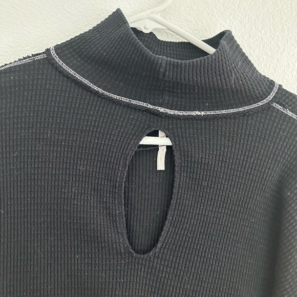 Free People Small Black Print Waffle Knit Mock Neck Sweater Sleeves Mixed up - Picture 3 of 5